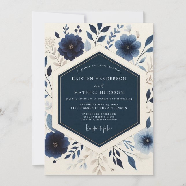 Convites Navy Blooming Botanical Wedding (Frente)