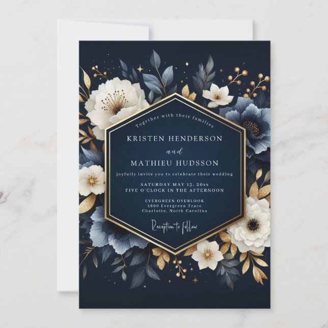 Convites Navy Blooming Enchantment Wedding (Frente)