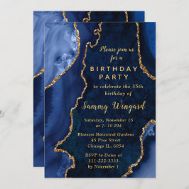 Convites Navy Blue and Gold Agate Marble Birthday Party