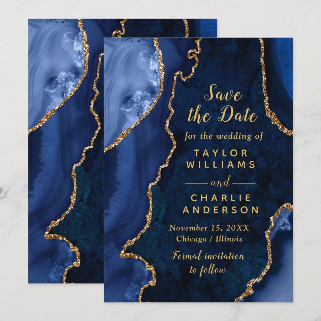 Convites Navy Blue and Gold Agate Marble Save The Date (Frente/Verso)