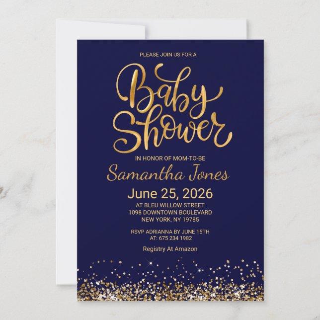 Convites Navy Blue and Gold Baby Shower Invitation (Frente)