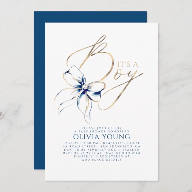 Convites Navy Blue and Gold Bow Boy Baby Shower (Frente/Verso)
