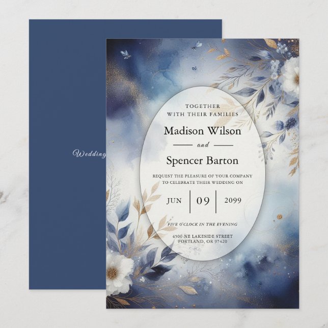 Convites Navy Blue and Gold Floral Wedding (Frente/Verso)