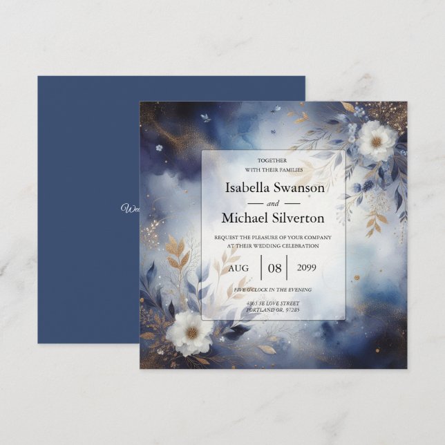 Convites Navy Blue and Gold Floral Wedding  (Frente/Verso)