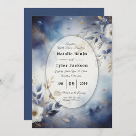 Convites Navy Blue and Gold Floral Wedding Invitation
