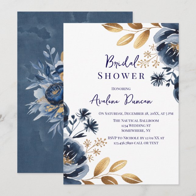 Convites Navy Blue and Gold Peony Bridal Shower (Frente/Verso)