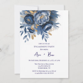 Convites Navy Blue and Gold Peony Flower Engagement Party