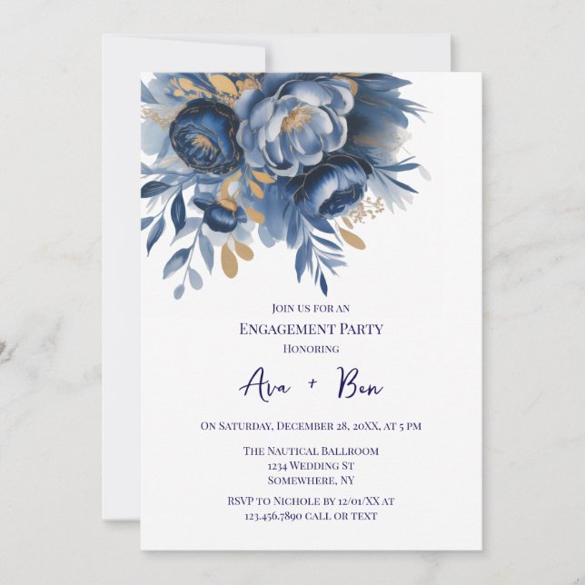 Convites Navy Blue and Gold Peony Flower Engagement Party (Frente)