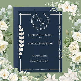 Convites Navy Blue and Ivory Elegant Laurel Wreath Wedding