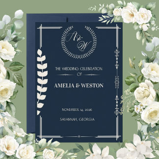 Convites Navy Blue and Ivory Elegant Laurel Wreath Wedding