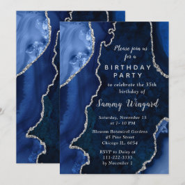 Convites Navy Blue and Silver Agate Marble Birthday Party