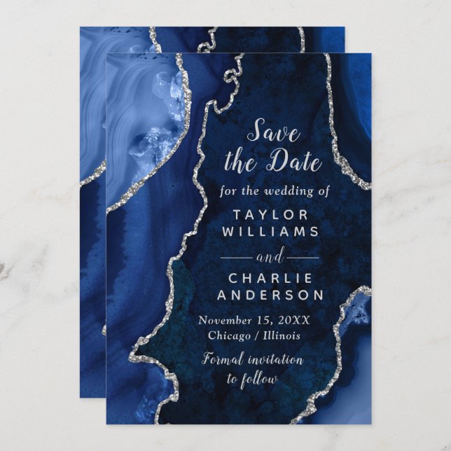 Convites Navy Blue and Silver Agate Marble Save The Date (Frente/Verso)