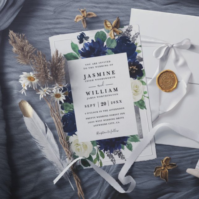 Convites Navy Blue and Silver Floral QR Code Wedding (Criador carregado)