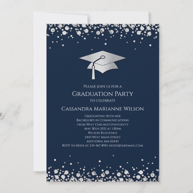 Convites Navy Blue and Silver Graduation (Frente)