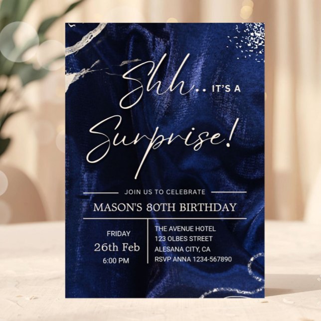 Convites Navy Blue and Silver Surprise Party (surprise birthday invitation, 80th birthday invite, navy blue gold invitation, elegant birthday invi)