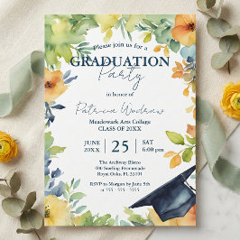 Convites Navy Blue And Yellow Watercolor Floral Graduation 