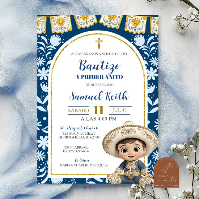Convites Navy Blue Arch Cielito Lindo Baptism 1st Birthday (Criador carregado)