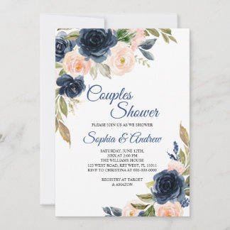 Convites Navy Blue & Blush Floral Couples Shower Invitation
