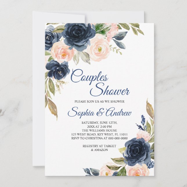 Convites Navy Blue & Blush Floral Couples Shower Invitation (Frente)