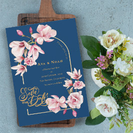 Convites Navy Blue Blush Pink Magnolia Floral Save the Date