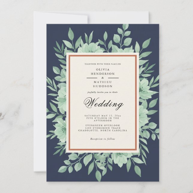 Convites Navy Blue Botanical Spring Wedding (Frente)