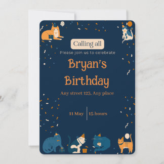 Convites Navy Blue Boy Cat Invite