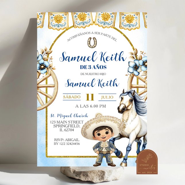 Convites Navy Blue Boy Charro and Horse Presentacion de 3 a (Criador carregado)
