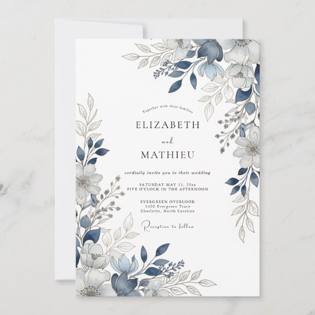 Convites Navy Blue Breathtaking Botanical Wedding (Frente)