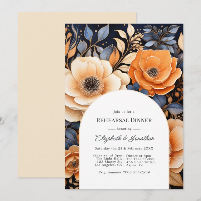 Convites Navy Blue Burnt Orange Champagne Rehearsal Dinner (Frente/Verso)
