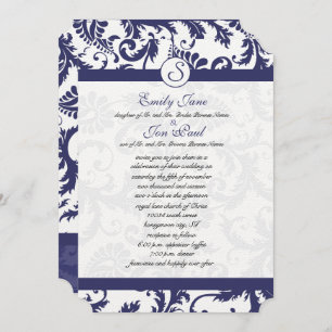 Convites Navy Blue Damask Monogram Wedding Invitation