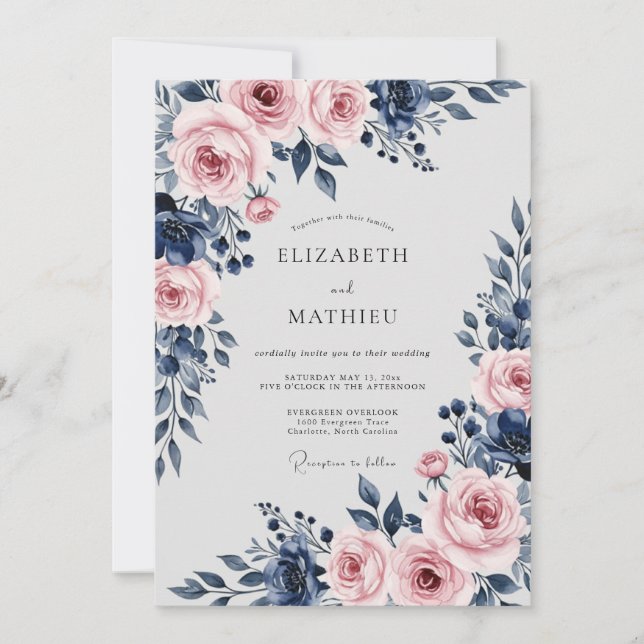 Convites Navy Blue Divine Floral Wedding (Frente)