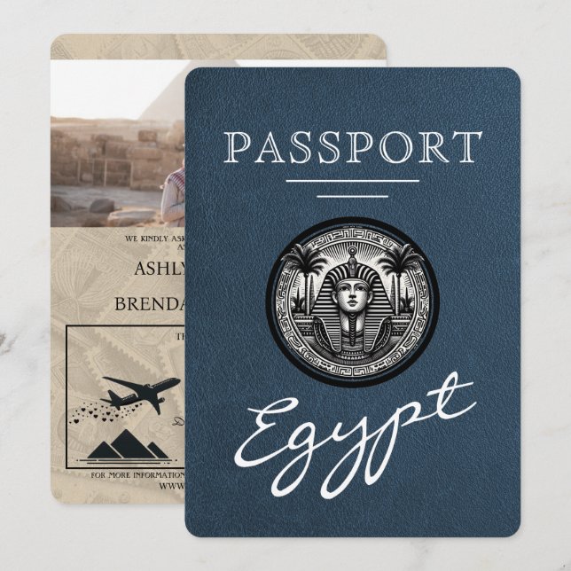 Convites Navy Blue Egypt Passport Wedding Invitation (Frente/Verso)