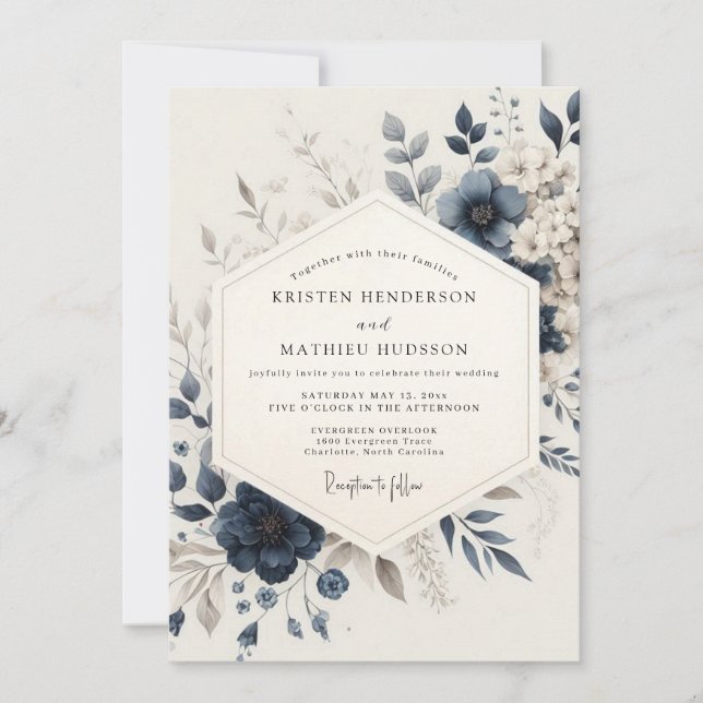 Convites Navy Blue Ethereal Bloom Wedding (Frente)