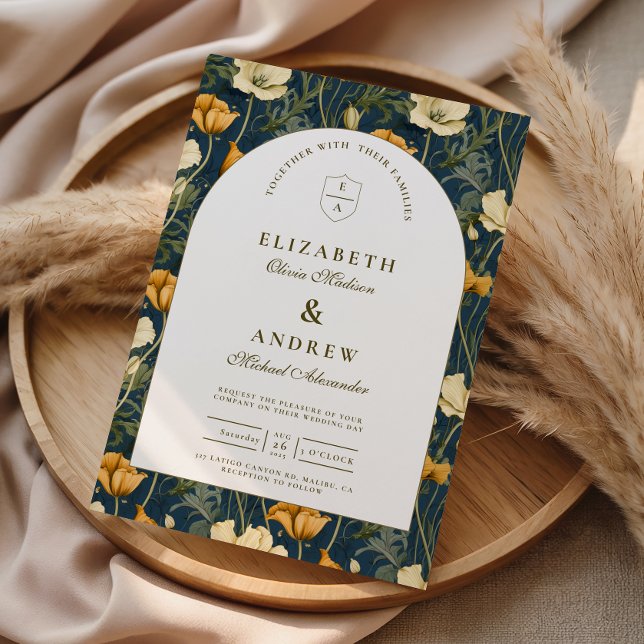 Convites Navy Blue Floral Arch Elegant Wedding (Criador carregado)