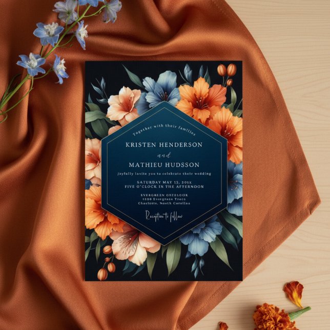 Convites Navy Blue Floral Autumn Romance Wedding (Criador carregado)