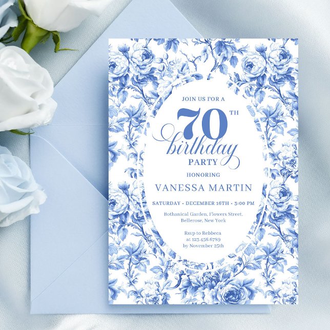 Convites Navy Blue Floral Chic 70th Birthday Invitation (Navy Blue Floral Chic 70th Birthday Invitation)