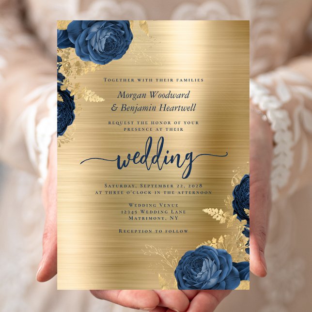 Convites Navy Blue Floral Gold Brushed Metal Wedding (Criador carregado)