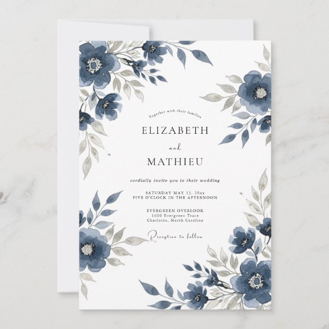 Convites Navy Blue Floral Meadow Wedding (Frente)