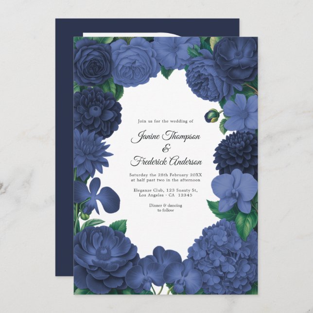Convites Navy Blue Floral Photo and QR Code Wedding (Frente/Verso)