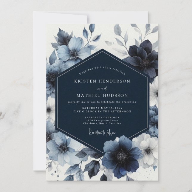 Convites Navy Blue Floral Whimsy Wedding (Frente)
