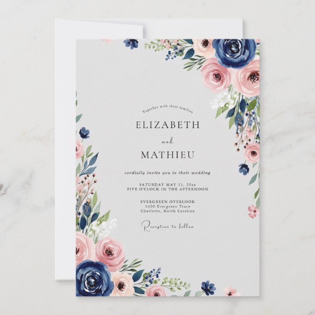 Convites Navy Blue Flourishing Spring Wedding (Frente)