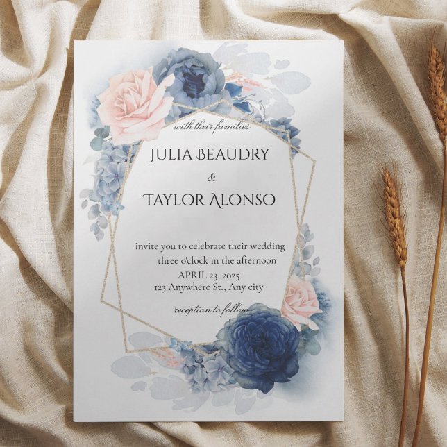 Convites Navy Blue Geometric Floral Wedding Invitation (Criador carregado)