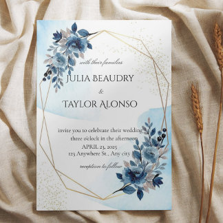 Convites Navy Blue Geometric Floral Wedding Invitation