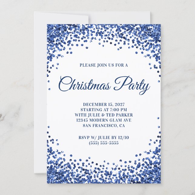 Convites Navy Blue Glitter Border White Christmas Party (Frente)