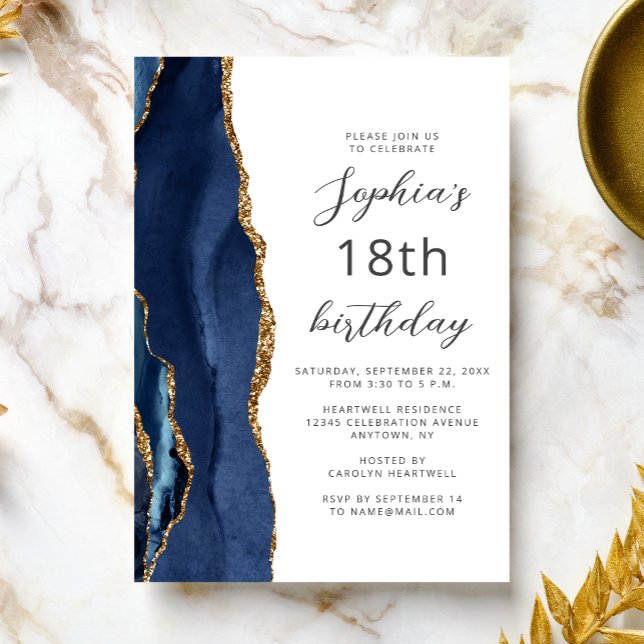 Convites Navy Blue Gold Agate Script 18th Birthday (Criador carregado)