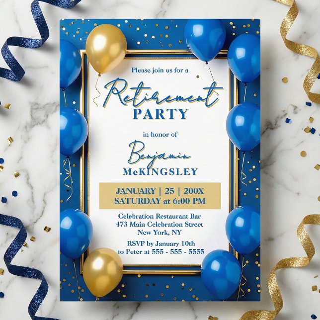 Convites Navy Blue Gold Balloons Confetti Retirement Party (Criador carregado)