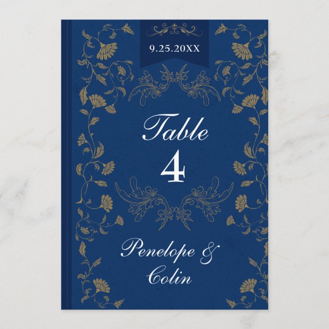Convites Navy Blue Gold Book Cover Wedding Table Number  (Frente)