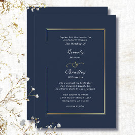 Convites Navy Blue Gold Border Minimal Elegant Wedding