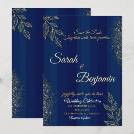 Convites Navy Blue Gold Elegant Wedding Invitation