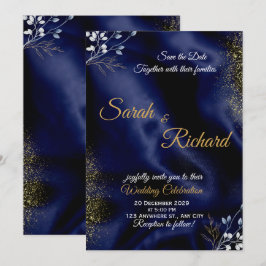 Convites Navy Blue Gold Elegant Wedding Invitation